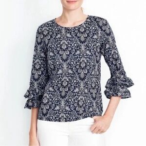 J. Crew 3/4 Ruffle Tier Sleeve Top Womens Navy Blue White Floral Print Size 8